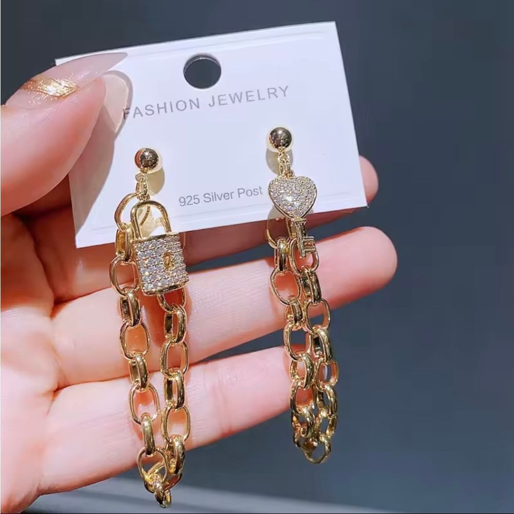 18K Gold Chunky Long Wrap Chain Lock & Key Earrings With Diamond Accents